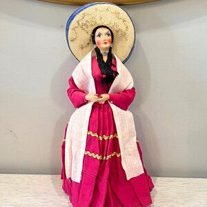 Vintage 1950s Doll Mexican Senorita Lady Sombrero Folk Art Souvenir Hard Plastic
